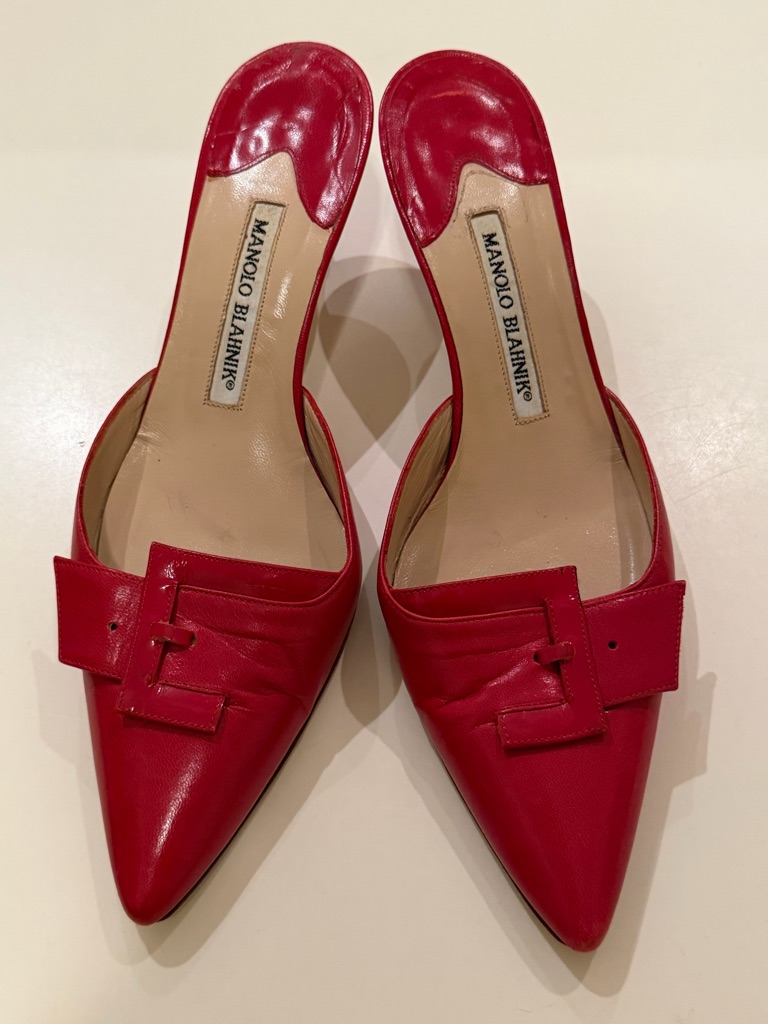 Manolo Blahnik Red Pointed-Toe D'orsay Buckle Mules